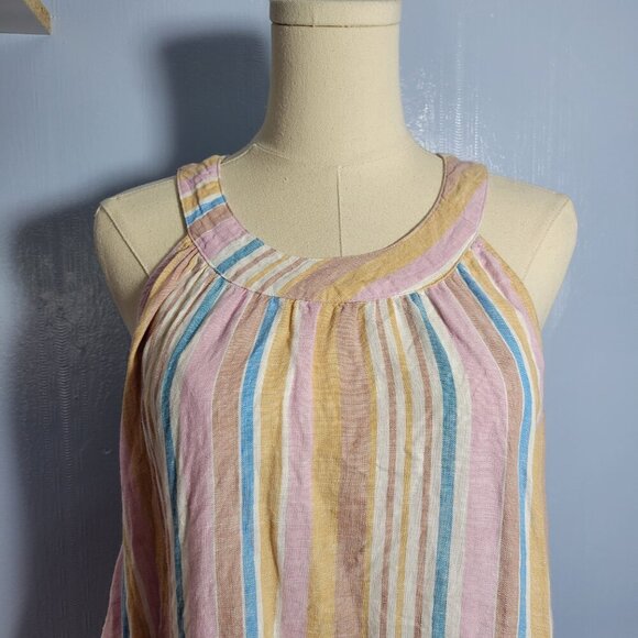 C&C California Medium Pastel Pink Blue Striped Round Neck Sleeveless Linen Dress - Picture 4 of 10